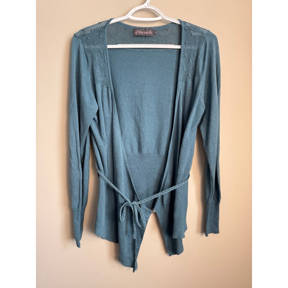 Of The Earth Organic Cotton Bamboo Open Front Tie Cardigan Blue L Office Chic‎